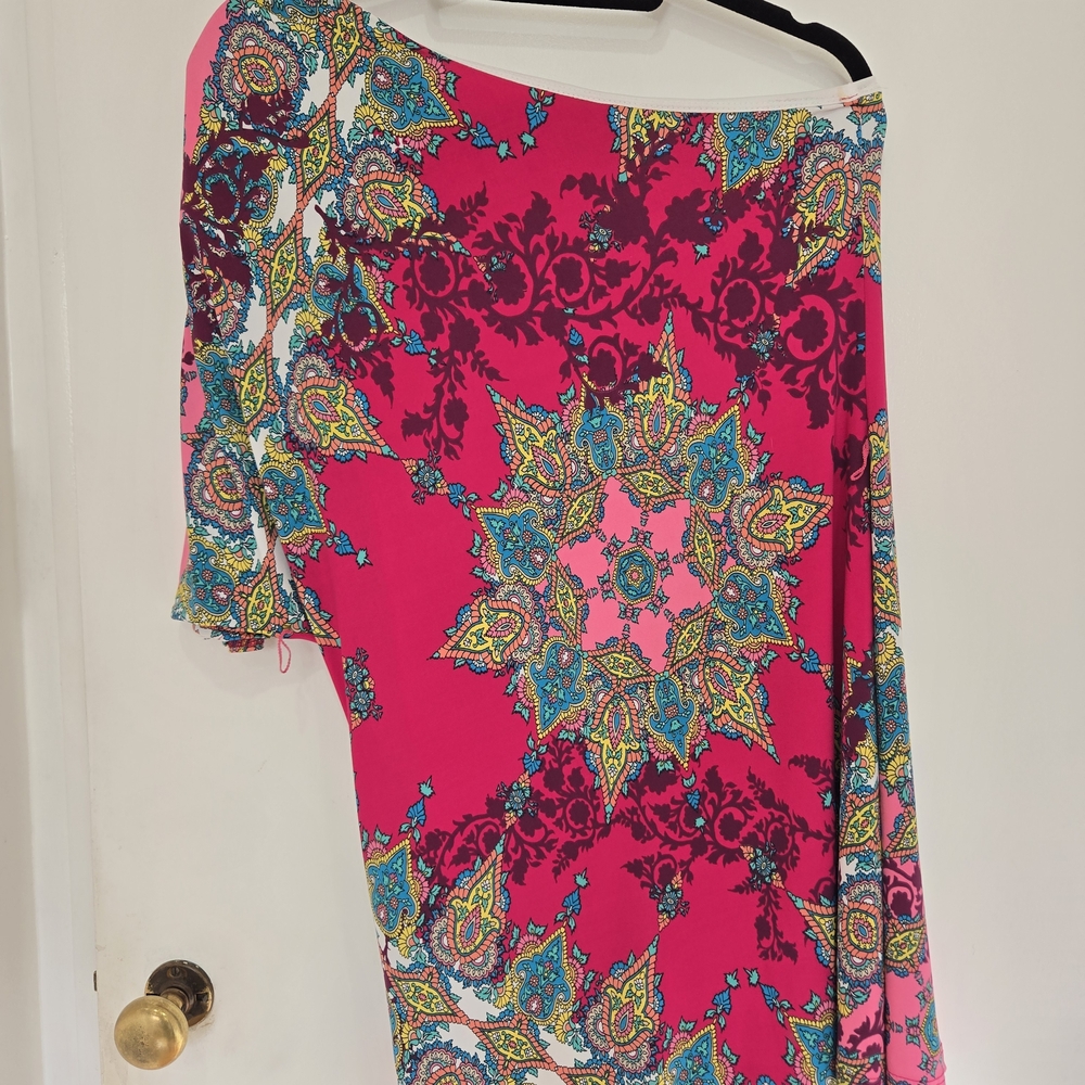 Vibrant Multi Colored Boho Paisley Medallion One Shoulder Midi Dress